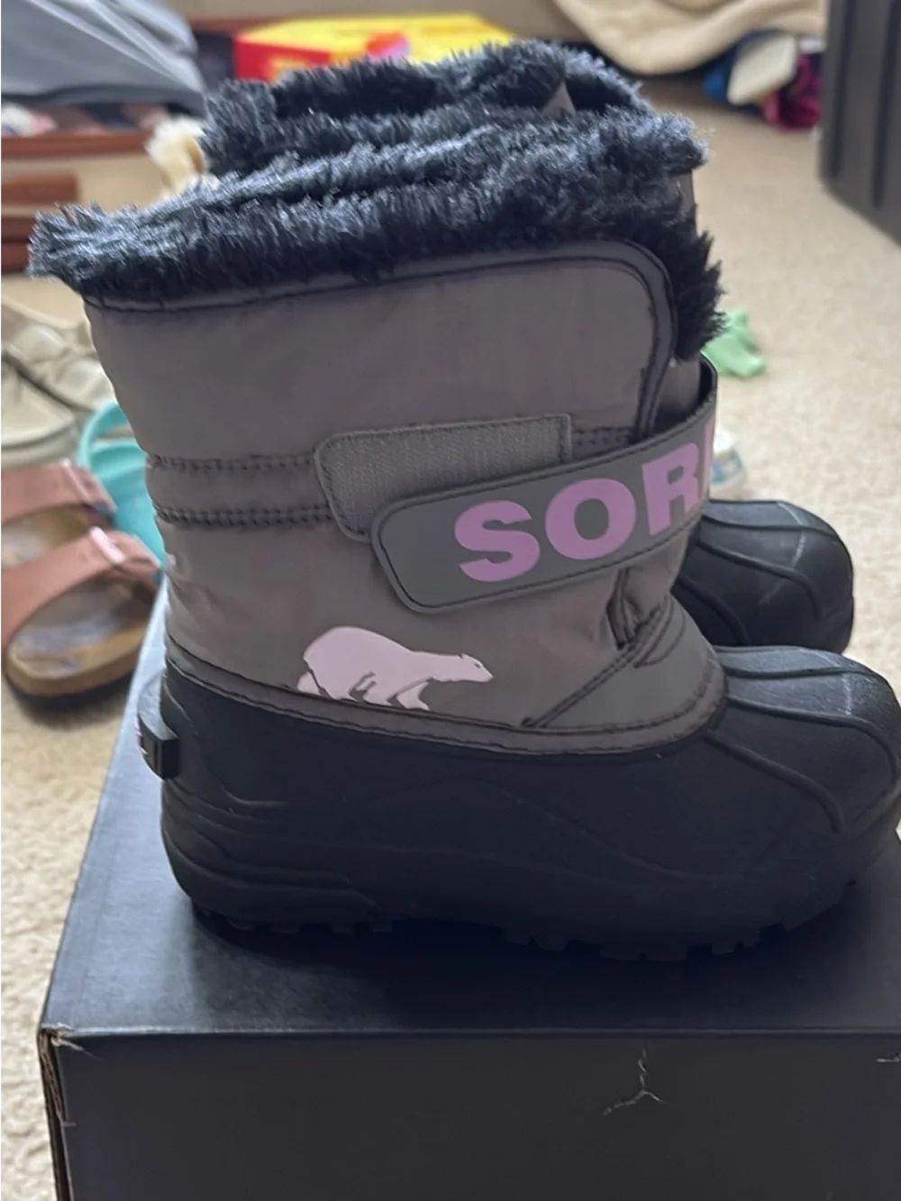 Kids Sorel Black Winter Boots with purple accents size 13 Like new